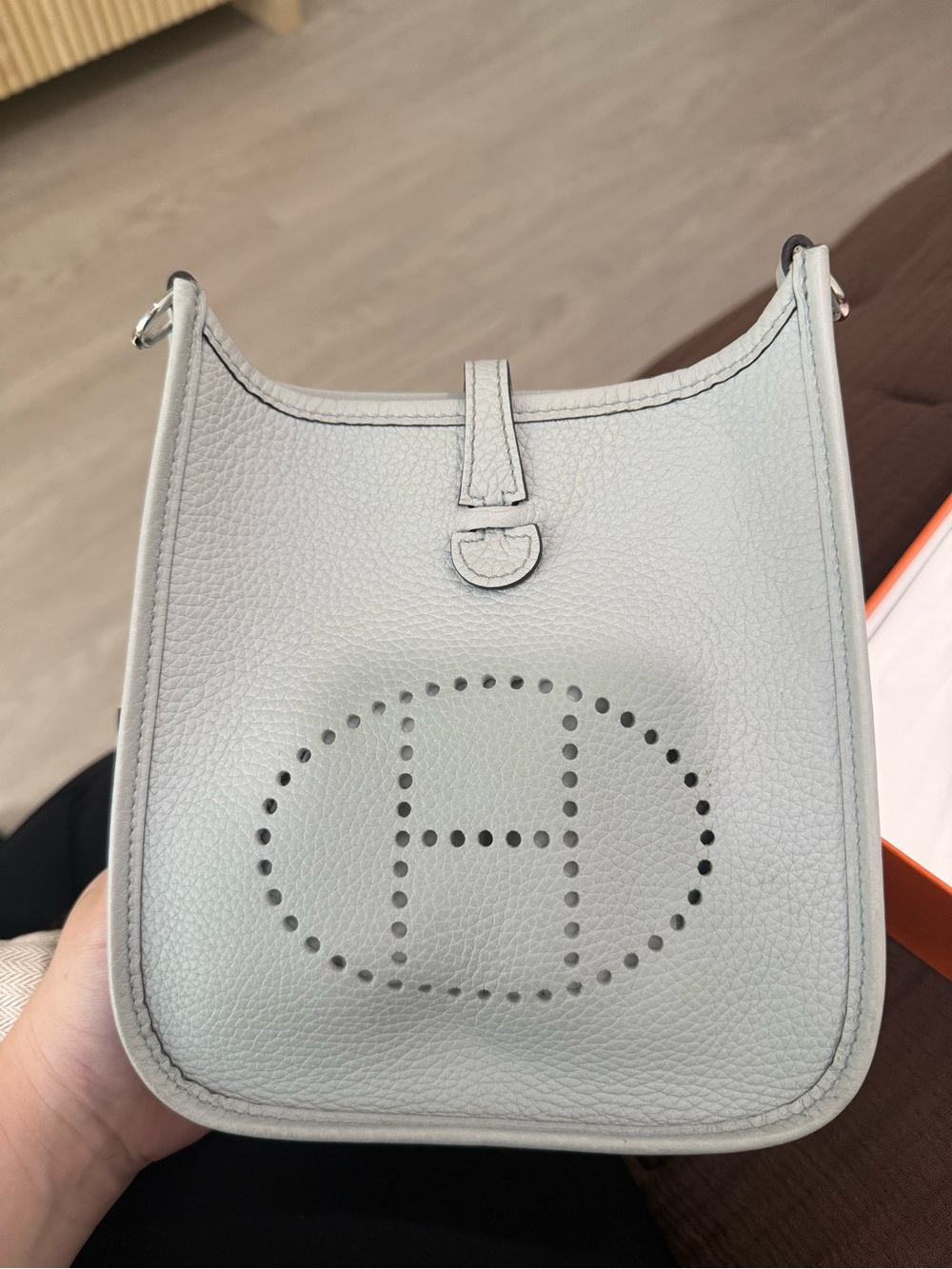 Hermès Evelyne TPM Bleu Pale Clemence
Silver Hardware